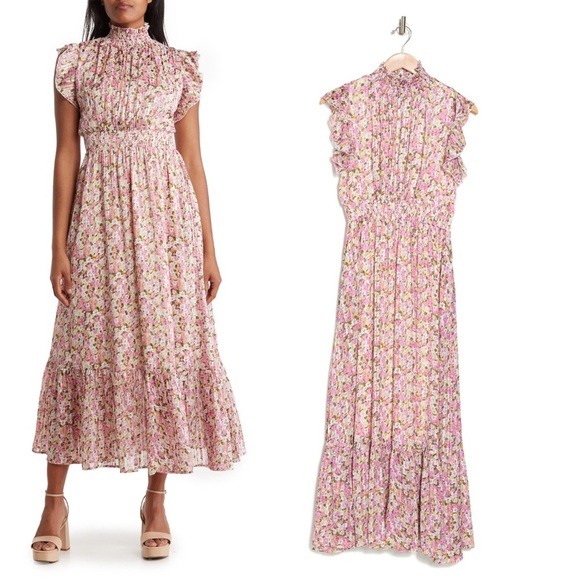 Melloday Floral Pink Ruffle Tiered Maxi Dress Smocked Victorian Coquette Ditsy L - Picture 1 of 9